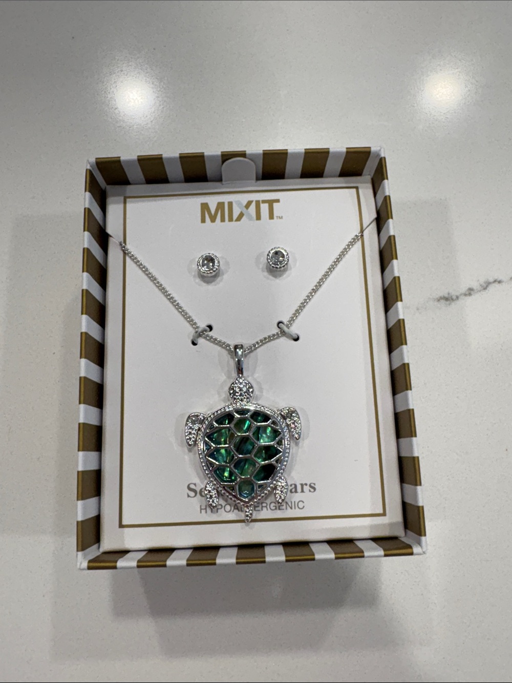 Mixit Silver and Green Turtle Pendant Necklace with Stud Earrings
